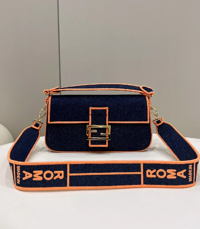 Fendi handbags with a perforated leather detail for a breathable and unique designFendi Baguette Blue Denim Orange Border Bag