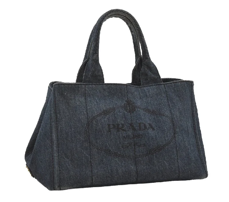 Ladies Prada shoulder bags with a magnetic - closure flap for easy opening and closingAuthentic PRADA Vintage Canapa M Denim Tote Hand Bag Blue 6273I