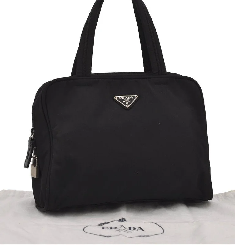 Medium - sized Prada tote bags in classic black for everyday versatilityAuthentic PRADA Vintage Nylon Tessuto Leather Shoulder Hand Tote Bag Black 3182I