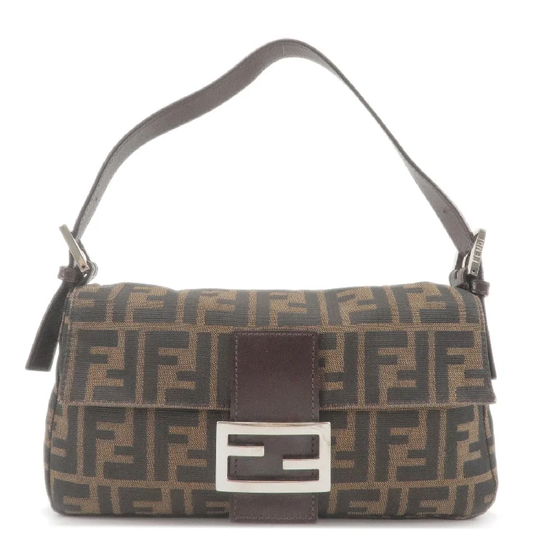 Fendi bags with a zip - top closure and a front - pocket for quick access to keys and cardsFENDI Zucca Mamma Baguette Canvas Leather Shoulder Bag Brown Black