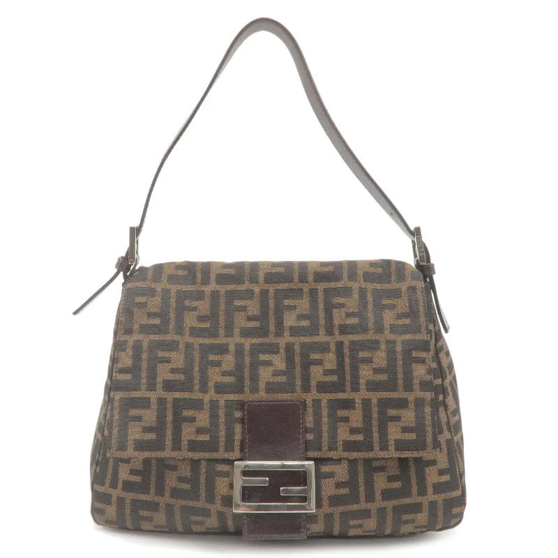 Fendi tote bags with a snap - button closure and a decorative charm for a fashionable and personalized lookFENDI Zucca Mamma Baguette Canvas Leather Shoulder Bag 26325