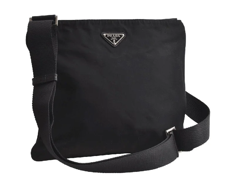 Prada tote bags with a printed Prada logo on the front for brand visibilityAuthentic PRADA Nylon Tessuto Leather Shoulder Cross Body Bag Black 3975I