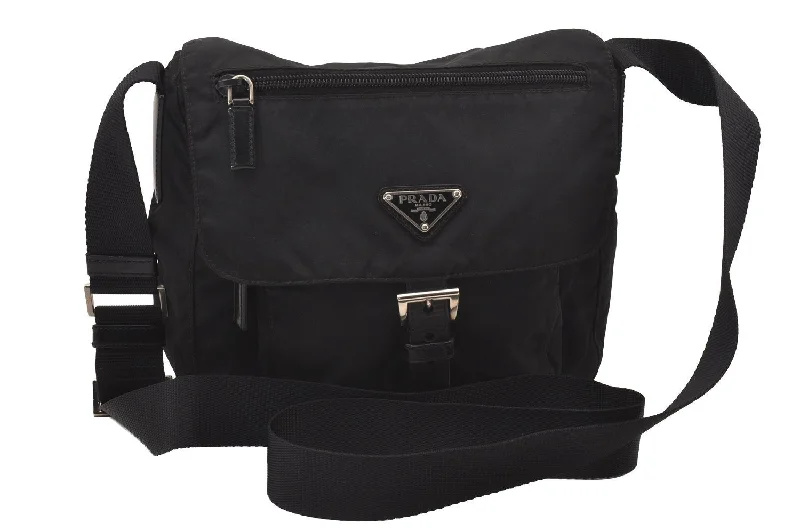 Prada tote bags with a double - handle and shoulder - strap option for easy useAuthentic PRADA Nylon Tessuto Leather Shoulder Cross Body Bag Purse Black 1289I