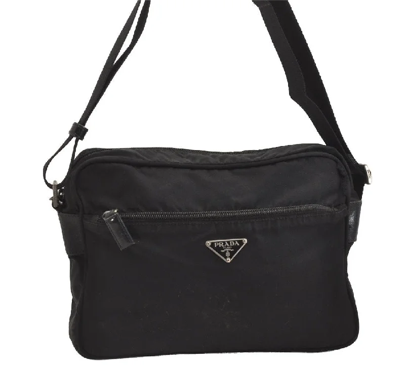 Prada Cahier bags with a detachable shoulder strap for versatile carryingAuthentic PRADA Nylon Tessuto Leather Shoulder Cross Body Bag Purse Black 2409I