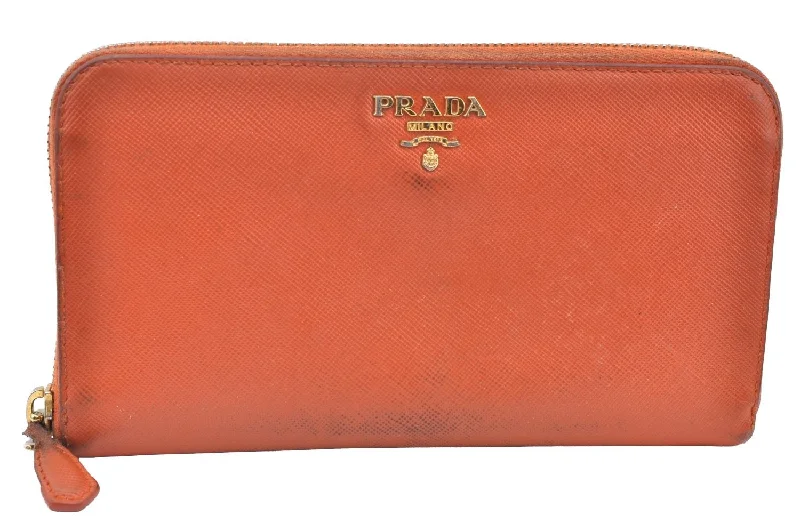 Prada bags with a zip - top closure and multiple interior pockets for organizationAuthentic PRADA Saffiano Leather Round Zip Long Wallet Purse Orange K5346