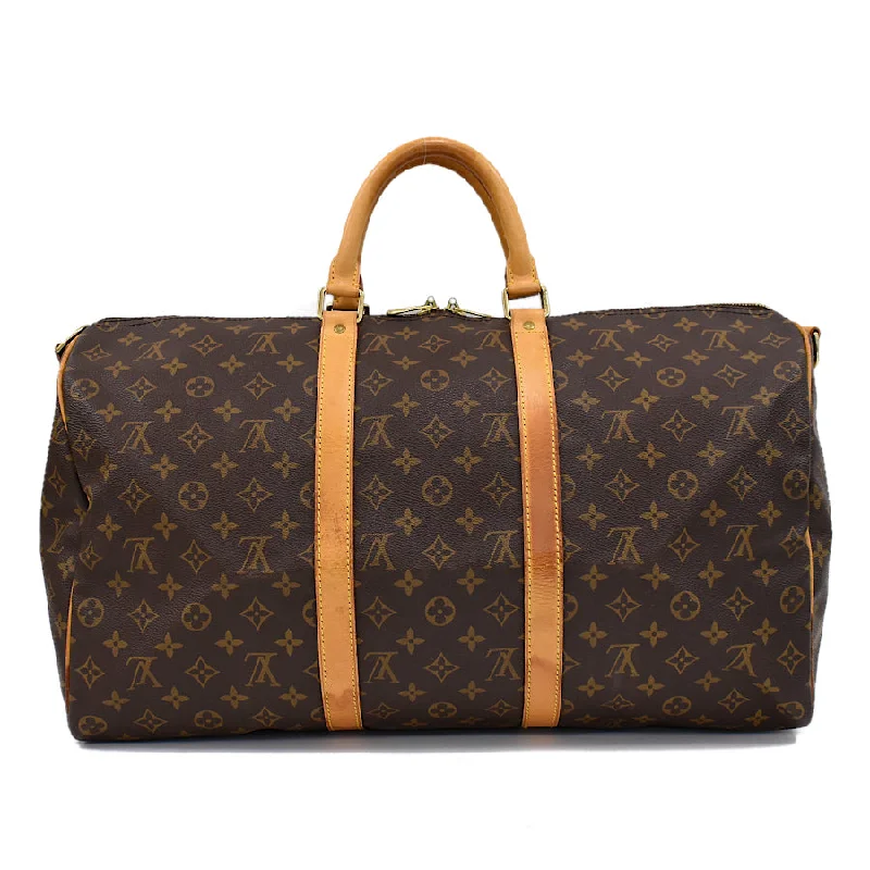 Louis Vuitton tote bags with a printed LV logo on the front for brand visibilityLouis Vuitton Monogram Keepall Bandouliere 50