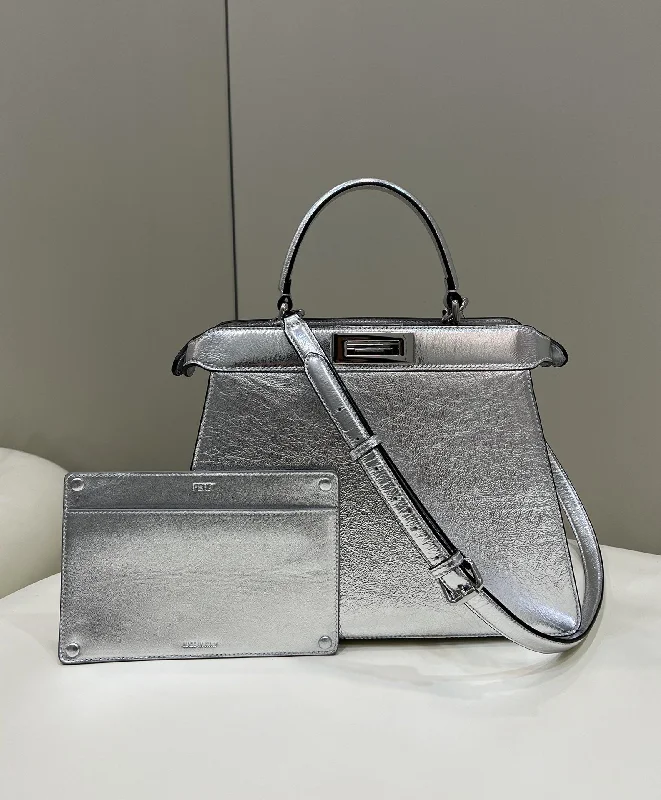 Fendi handbags with a holographic FF logo for a futuristic and trendy lookFendi Peekaboo Medium Silver Bag For Woman 33cm/13in