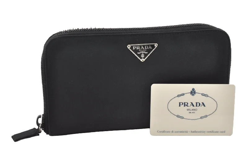 Prada bags with a front - flap pocket for quick access to essentialsAuthentic PRADA TESSUTO Nylon Saffiano Leather Long Wallet M506 Black 4096I