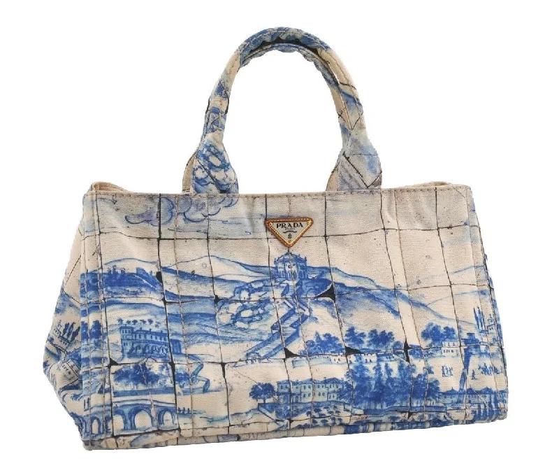 Ladies Prada Galleria bags with a detachable shoulder strapAuthentic PRADA Canapa L Canvas Tote Hand Bag Blue White 1889I