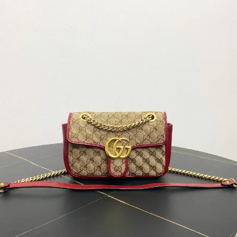 Women Gucci crossbody bags with a keychain holderGucci Marmont Beige Red Canvas Leather Small Shoulder Bag