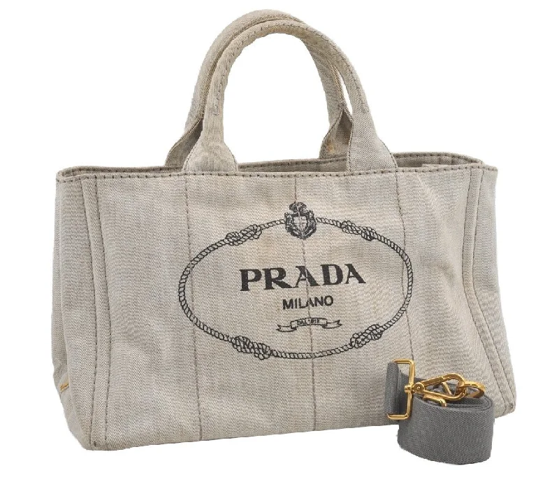 Ladies Prada Re - Edizione 2005 bags with a star - shaped charm for a playful touchAuthentic PRADA Vintage Canapa M Canvas 2Way Tote Hand Bag White 4549I