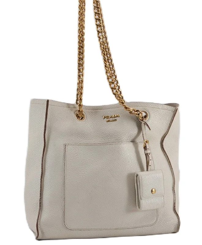 Small - sized Prada Saffiano leather bags for a compact and stylish carryAuthentic PRADA Vintage Leather Nappa Chain Shoulder Tote Bag Ivory 9260F