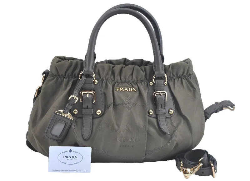 Prada tote bags with a double - handle and shoulder - strap option for easy useAuthentic PRADA Ny Jacq Saffiano Nylon Leather 2Way Tote Bag BR4259 Khaki 5236I