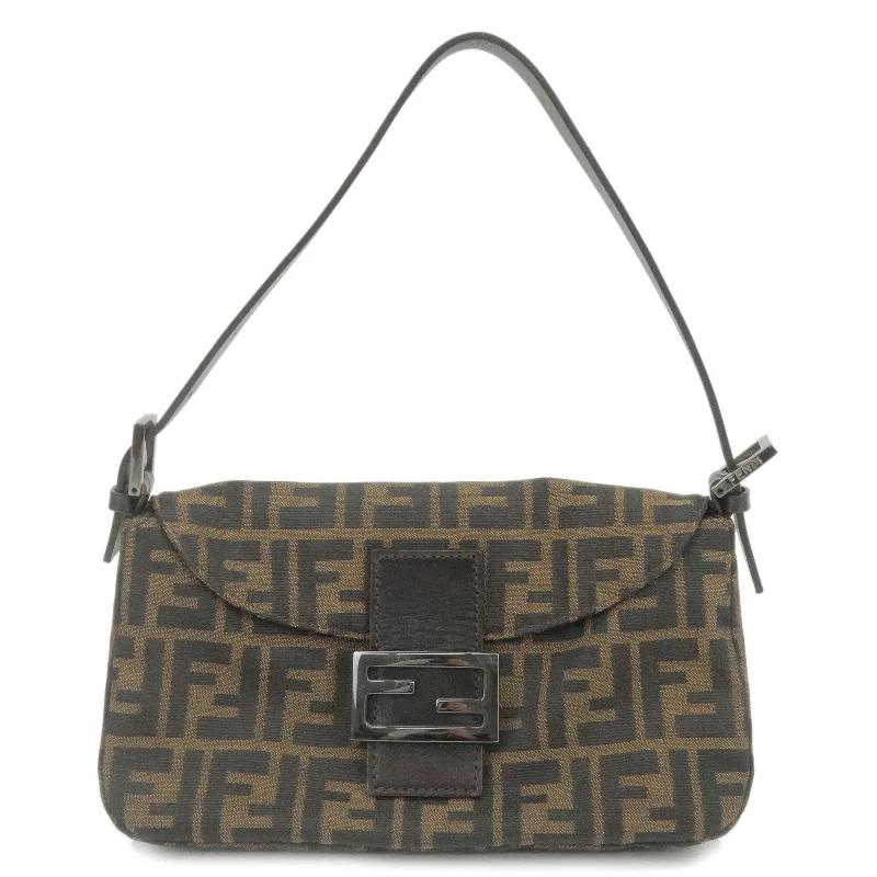 Fendi bags with a detachable mirror inside for quick touch - ups and groomingFENDI Zucca Mamma Baguette Canvas Leather Brown Black 8BR003