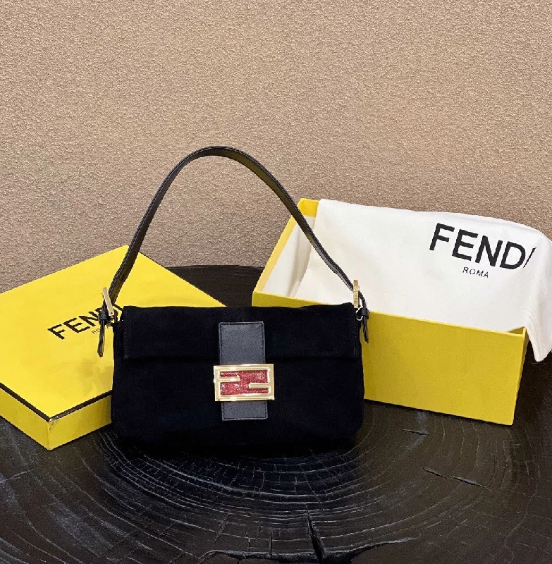 Ladies Fendi shoulder bags with a magnetic - closure flap for easy opening and closingFendi Baguette Black Bag For Woman 25cm/9.5in