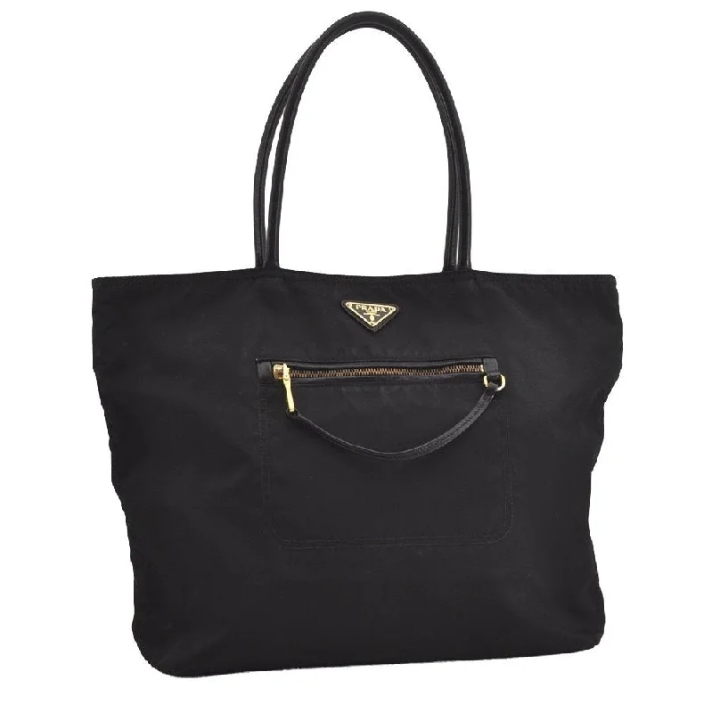 Prada bags with a back - zip pocket for storing valuables securelyAuthentic PRADA Vintage Nylon Tessuto Leather Shoulder Tote Hand Bag Black 2160I