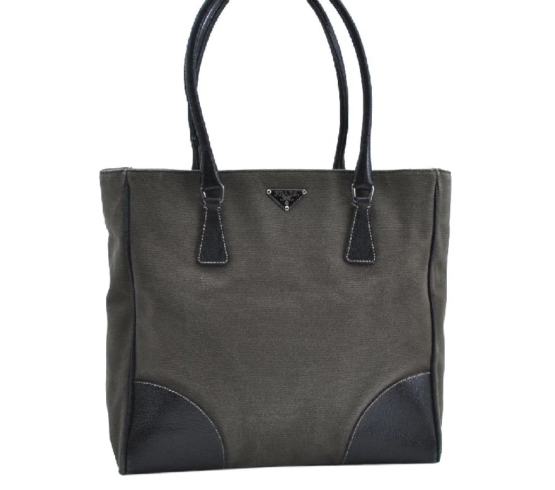 Prada tote bags with a spacious interior and a magnetic - snap closureAuthentic PRADA Vintage Canvas Leather Shoulder Tote Bag Khaki Green Black 0893G