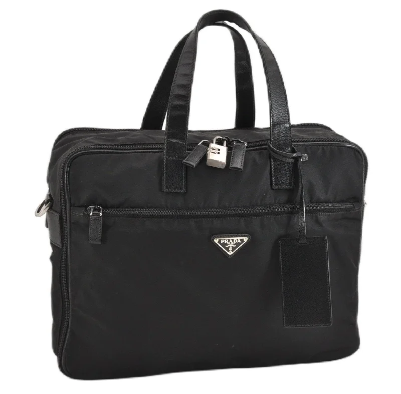 Prada Cahier bags with a leather - wrapped handle for a luxurious feelAuthentic PRADA Nylon Tessuto Leather 2Way Shoulder Business Bag Black 6913F