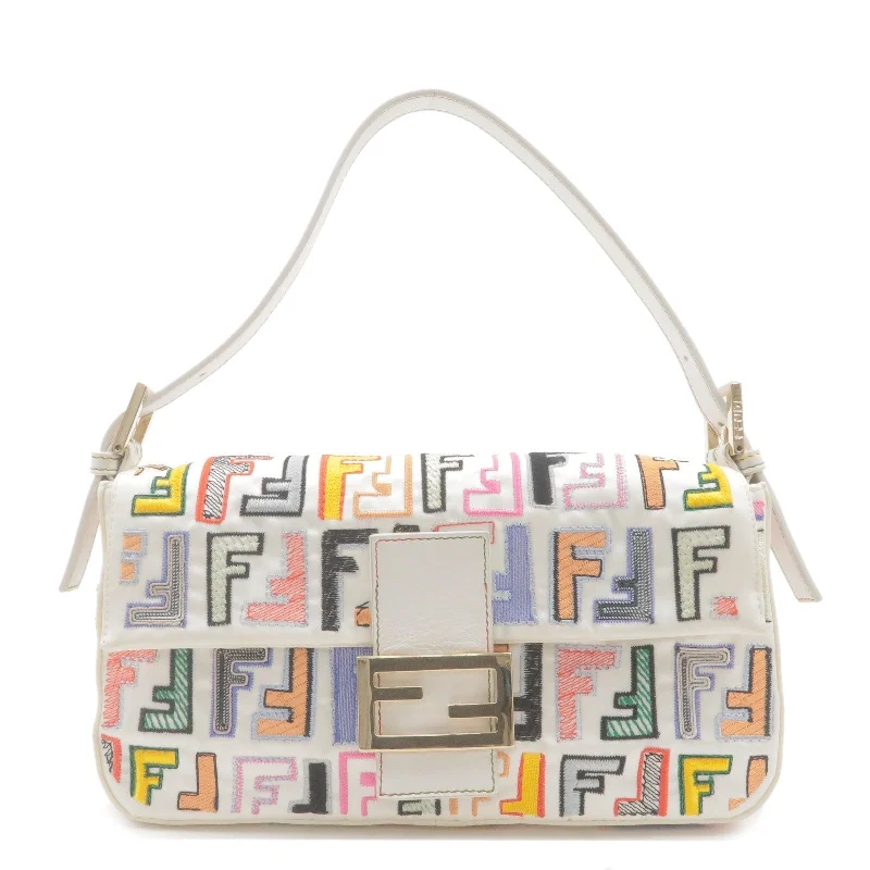 Fendi crossbody bags with a printed floral pattern for a feminine and romantic touchFENDI Zucca Mamma Baguette Satin Leather Shoulder Bag 8BR600