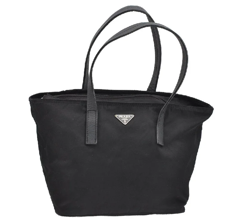 Prada bags with a front - zip pocket for small items like cards and keysAuthentic PRADA Vintage Nylon Tessuto Leather Tote Hand Bag Black 1850I