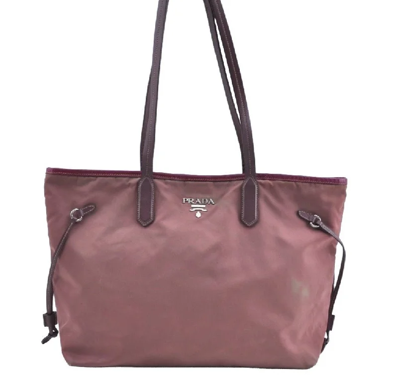 Prada handbags with a metal - framed clasp for durability and styleAuthentic PRADA Nylon Tessuto Leather Shoulder Tote Hand Bag Pink K5017