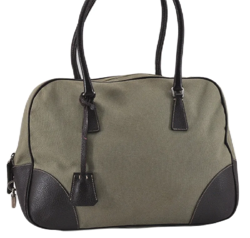 Prada handbags with a perforated leather detail for a unique and breathable designAuthentic PRADA Vintage Canvas Leather Shoulder Hand Tote Bag Khaki Green 9441F