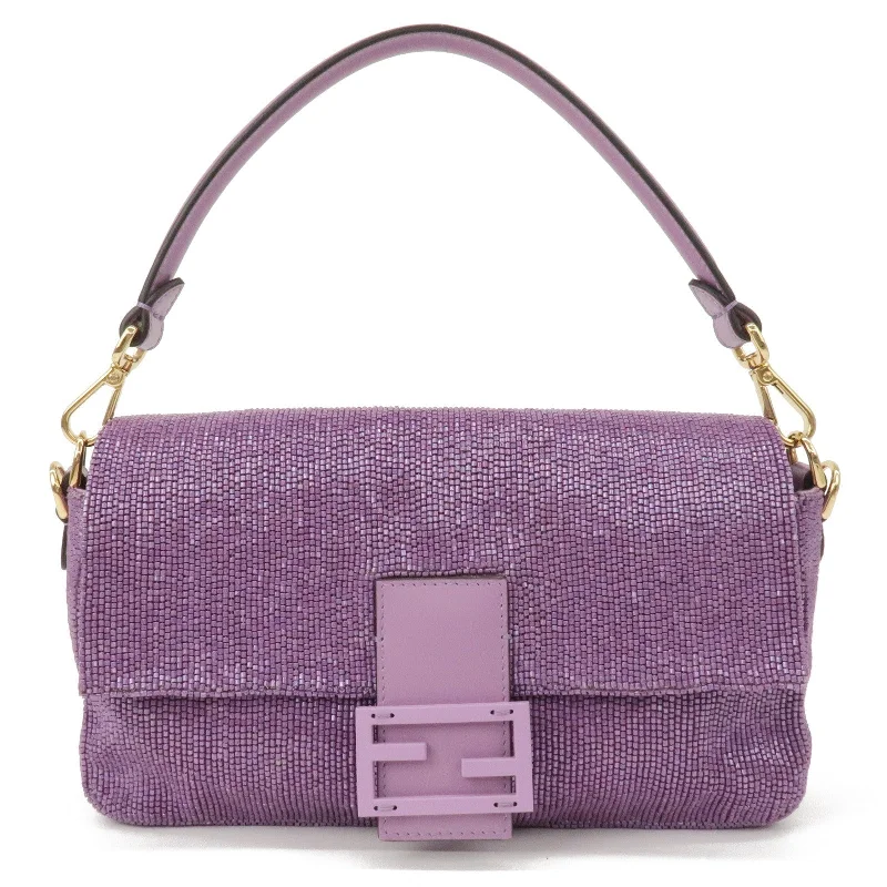 Fendi bags with a zip - top closure and a front - pocket for quick access to keys and cardsFENDI Zucca Mamma Baguette Beads Leather 2Way Bag Purple 8BR600