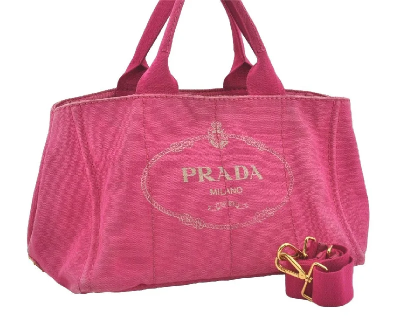 Prada bags with a detachable mirror inside for quick touch - upsAuthentic PRADA Canapa M Canvas 2Way Shoulder Crossbody Tote Hand Bag Pink 5133I