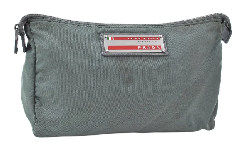 Prada bags with a front - zip pocket for small items like cards and keysAuthentic PRADA Sports Polyester Clutc Bag Purse Gray J6309