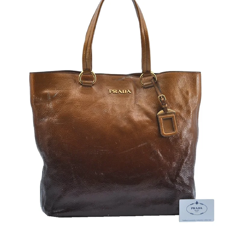 Ladies Prada Galleria bags with gold - toned hardware for a luxurious touchAuthentic PRADA Enamel Nappa Shoulder Tote Bag Gradation BR4059 Brown J2842