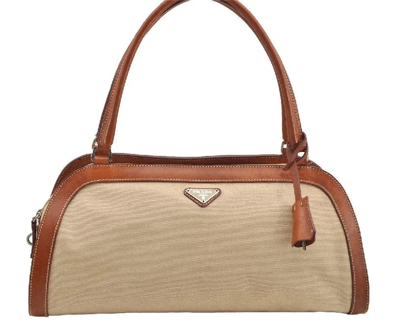 Prada bags with a detachable mobile phone holder for on - the - go convenienceAuthentic PRADA Vintage Canvas Leather Shoulder Tote Bag Beige Brown 5535I