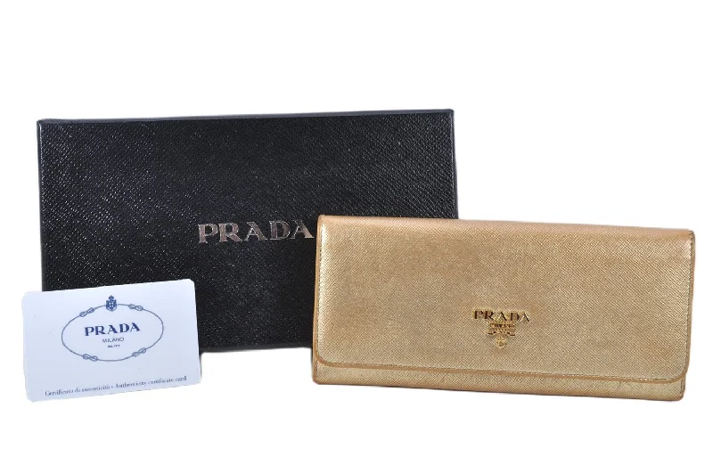 Prada tote bags with a double - handle and shoulder - strap option for easy useAuthentic PRADA Saffiano Metal Leather Long Wallet Purse 1ML183 Gold Box 2051G