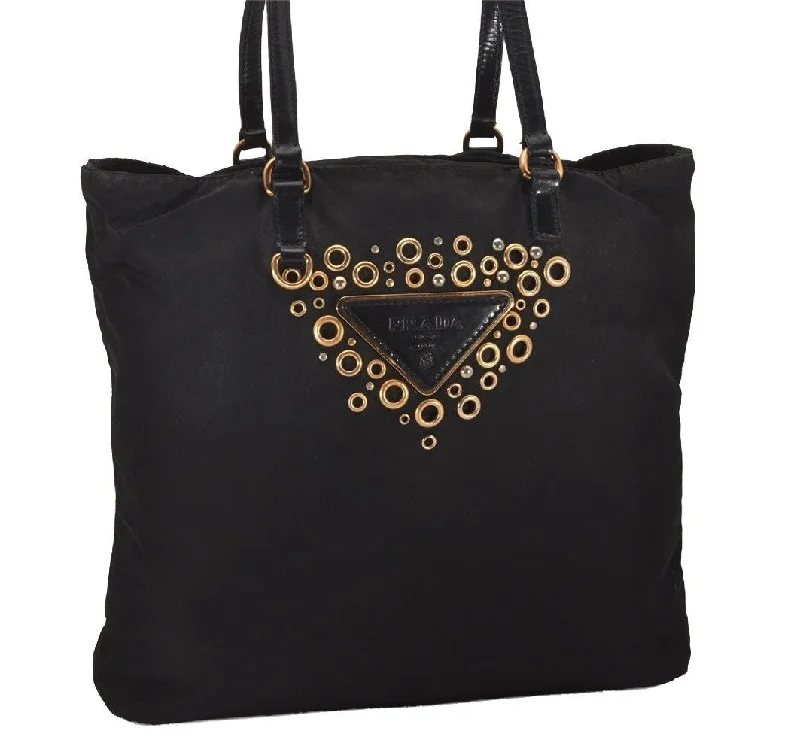 Ladies Prada Galleria bags with gold - toned hardware for a luxurious touchAuthentic PRADA Vintage Nylon Tessuto Leather Shoulder Tote Bag Black 5258I