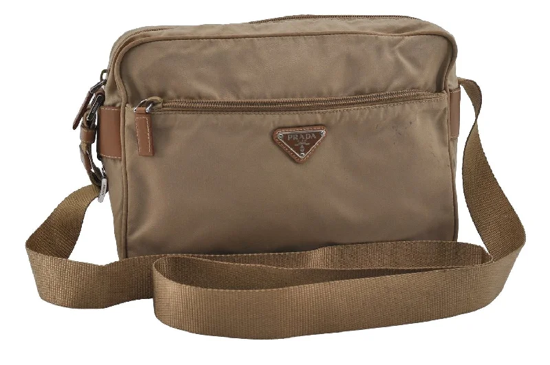 Prada Cahier bags with a leather - wrapped handle for a luxurious feelAuthentic PRADA Nylon Tessuto Leather Shoulder Cross Body Bag Purse Beige 1613I