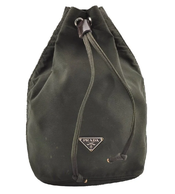 Ladies Prada Galleria bags with a detachable shoulder strapAuthentic PRADA Nylon Tessuto Leather Drawstring Bag Purse Khaki Green 6488I