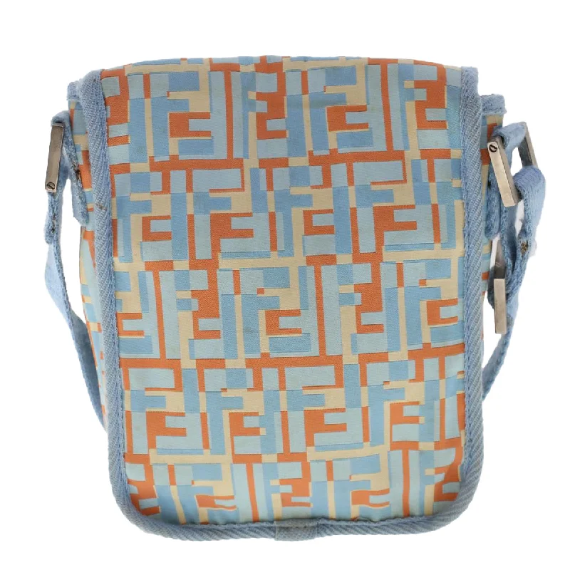 Fendi tote bags with a printed Fendi logo on the front for high brand visibilityFENDI Zucca Canvas Shoulder Bag Nylon White Light Blue Orange  49111