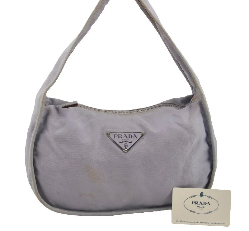 Prada bags with a detachable mirror inside for quick touch - upsAuthentic PRADA TESSUTO EGG Nylon Leather Shoulder Hand Bag BR0744 Purple 3219I