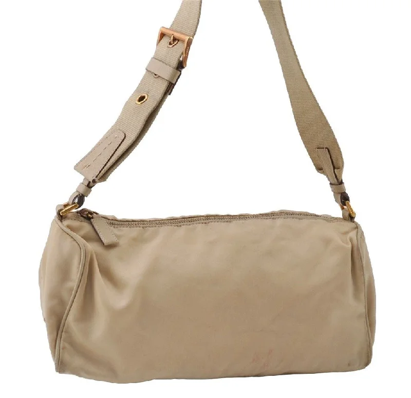 Prada Cahier bags with a leather - wrapped handle for a luxurious feelAuthentic PRADA Nylon Tessuto Saffiano Leather Shoulder Hand Bag Beige 3971I