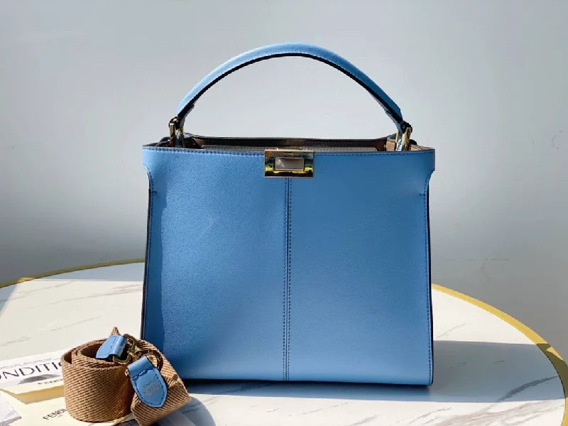 Fendi Peekaboo bags with a classic two - compartment design for organized storageFendi Peekaboo X-Lite Tote Medium Blue Bag For Woman 30cm/12in