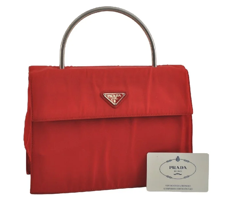 Prada bags with a zippered interior pocket for separating itemsAuthentic PRADA METAL Vintage Nylon Tessuto Hand Bag Purse B7004 Red 2766I