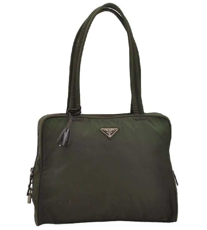 Prada bags with a zip - top closure and multiple interior pockets for organizationAuthentic PRADA Vintage Nylon Tessuto Leather Shoulder Tote Hand Bag Green 3256I