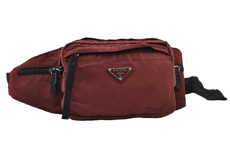 Ladies Prada shoulder bags with a magnetic - closure flap for easy opening and closingAuthentic PRADA Vintage Nylon Tessuto Waist Body Bag Purse Bordeaux Red 4551I