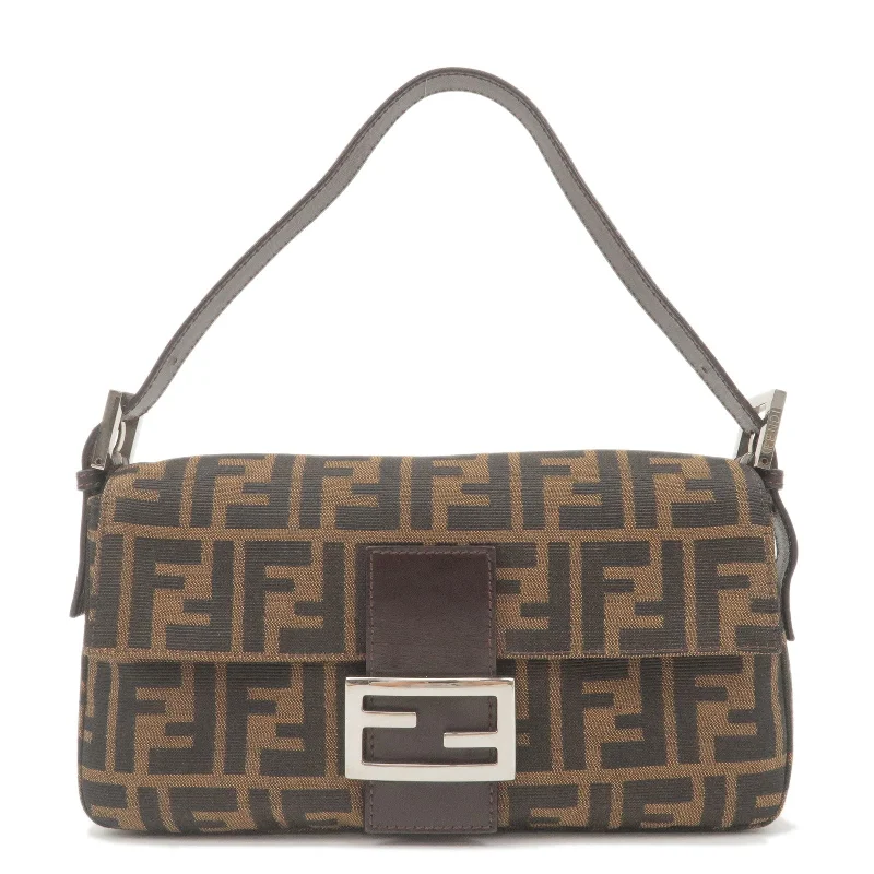 Ladies Fendi shoulder bags with a detachable phone stand for hands - free viewingFENDI Zucca Mamma Baguette Canvas Leather Shoulder Bag Brown 26424