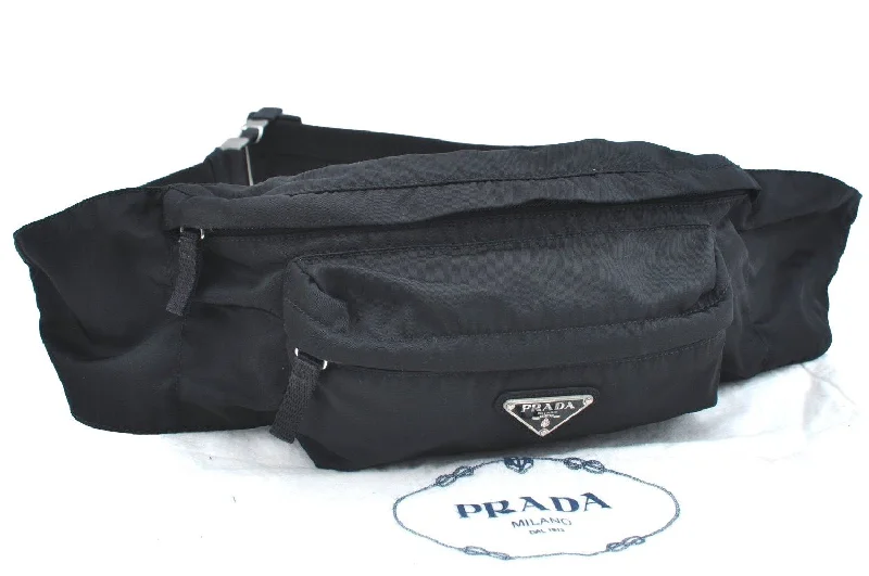 Prada Galleria bags with a structured silhouette for a professional lookAuthentic PRADA Vintage Nylon Tessuto Waist Body Bag Purse Black 1727H