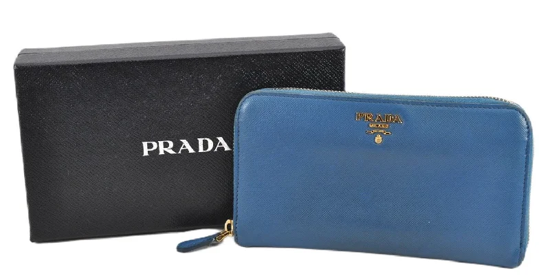 Prada crossbody bags with a printed floral pattern for a feminine touchAuthentic PRADA Saffiano Leather Long Wallet Purse Blue Box 8600F