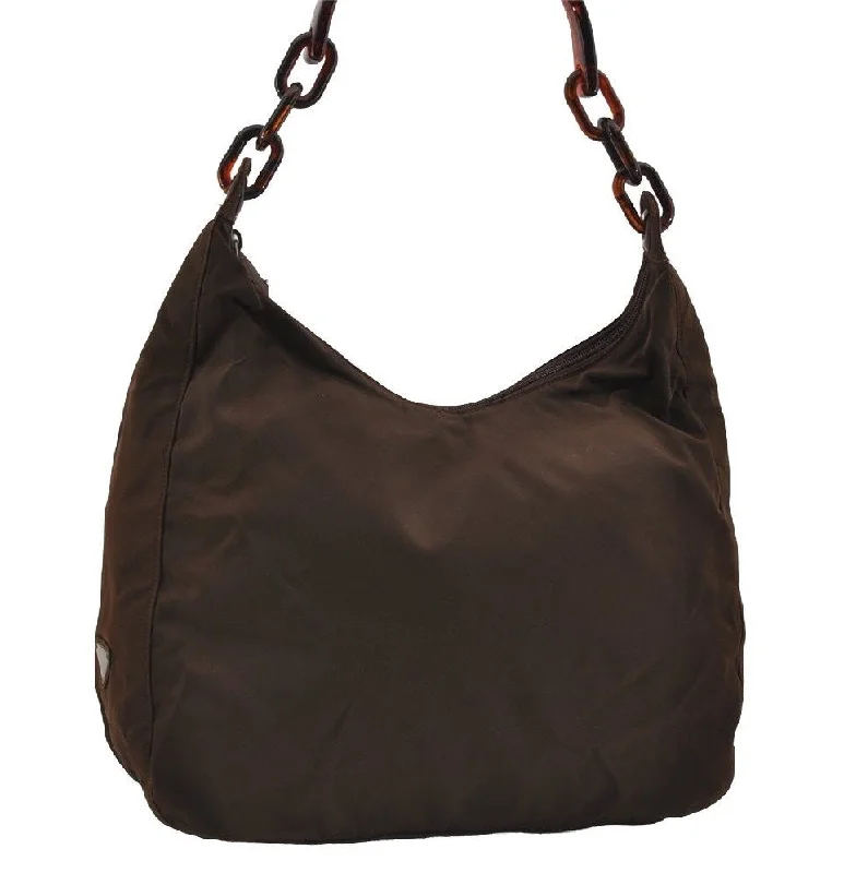 Ladies Prada Galleria bags with a textured leather surface for a more tactile lookAuthentic PRADA Vintage Nylon Tessuto Plastic Shoulder Hand Bag Brown 0689I