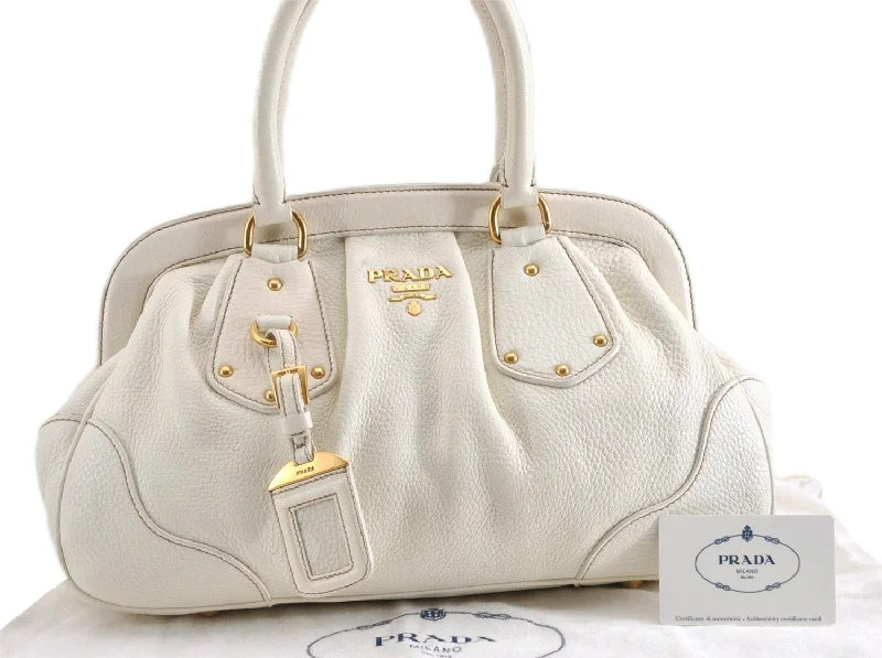 Ladies Prada Galleria bags with a detachable shoulder strapAuthentic PRADA VIT DAINO Leather Nappa Shoulder Hand Bag BN1529 White 7819F