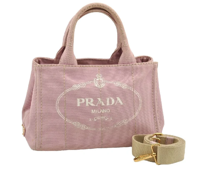 Prada tote bags with a water - resistant coating for outdoor activitiesAuthentic PRADA Canapa SS Canvas 2Way Shoulder Cross Body Hand Bag Pink 4598I