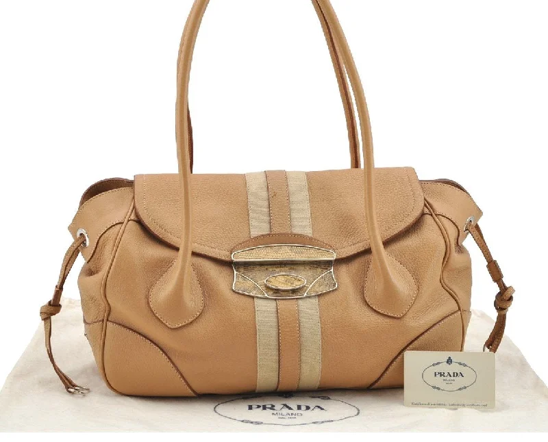 Prada tote bags with a double - handle and shoulder - strap option for easy useAuthentic PRADA Vit Daino Lucer Leather Shoulder Tote Bag BR2937 Beige 3589I