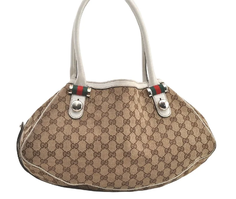 Women Gucci Sylvie bags featuring the signature web stripeAuth GUCCI Web Sherry Line Match Ball Tote Bag GG Canvas Leather Brown 0492K